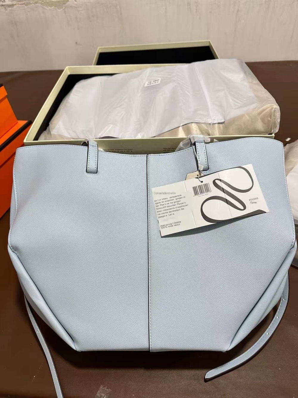 Polene Light Blue Leather Tote Bag
